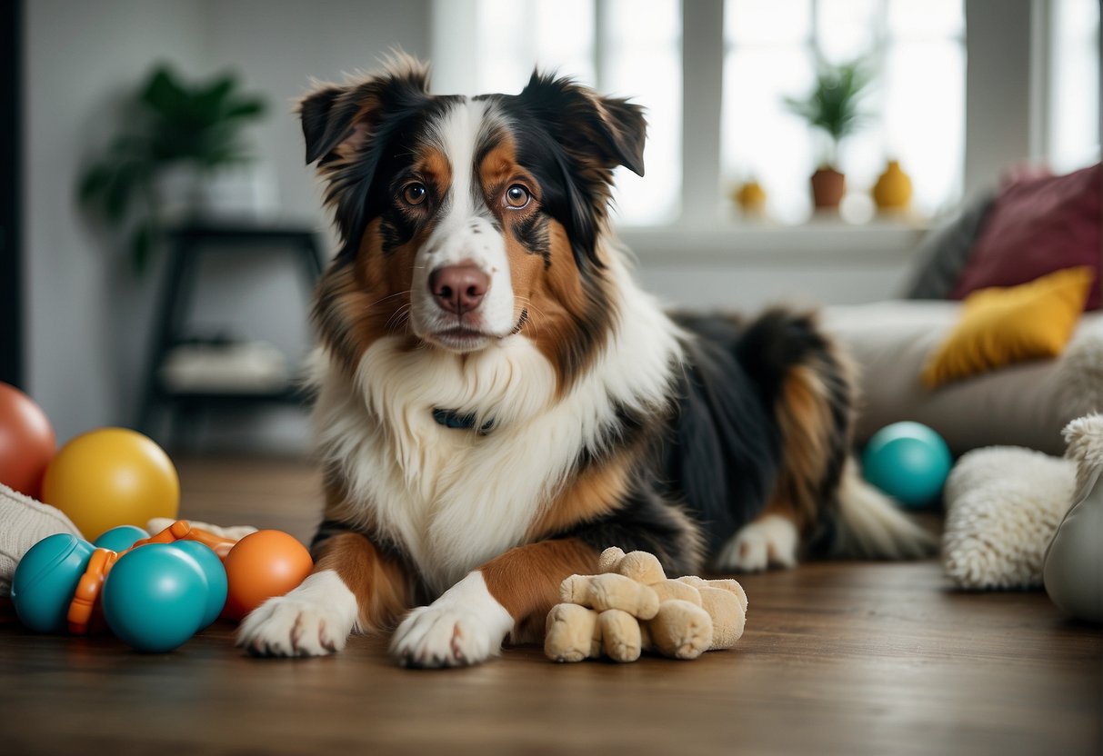 An Australian shepherd dog being cared for, with toys, food, and grooming supplies nearby