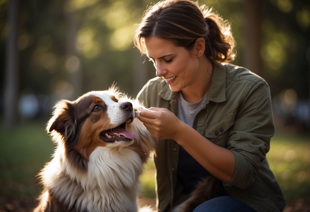 A person grooming an Australian shepherd, brushing its fur and checking its ears and paws