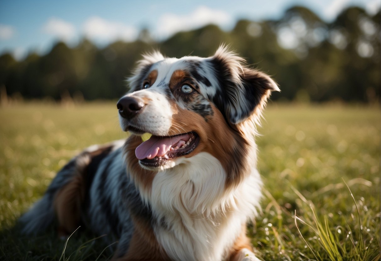 An Australian Shepherd being cared for, groomed, and trained by its owner in a grassy field with a clear blue sky