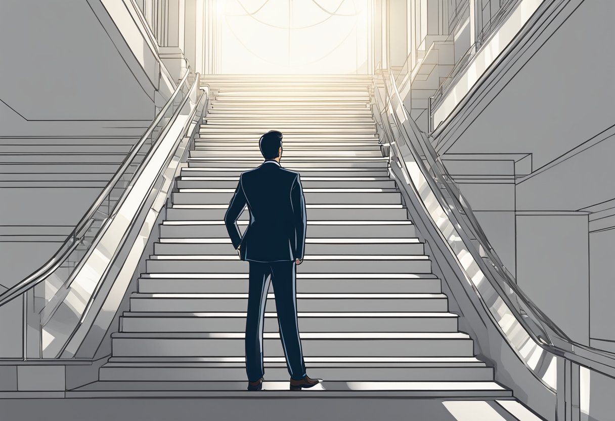 A person in a business suit standing at the top of a staircase, looking up towards a bright light symbolizing career advancement