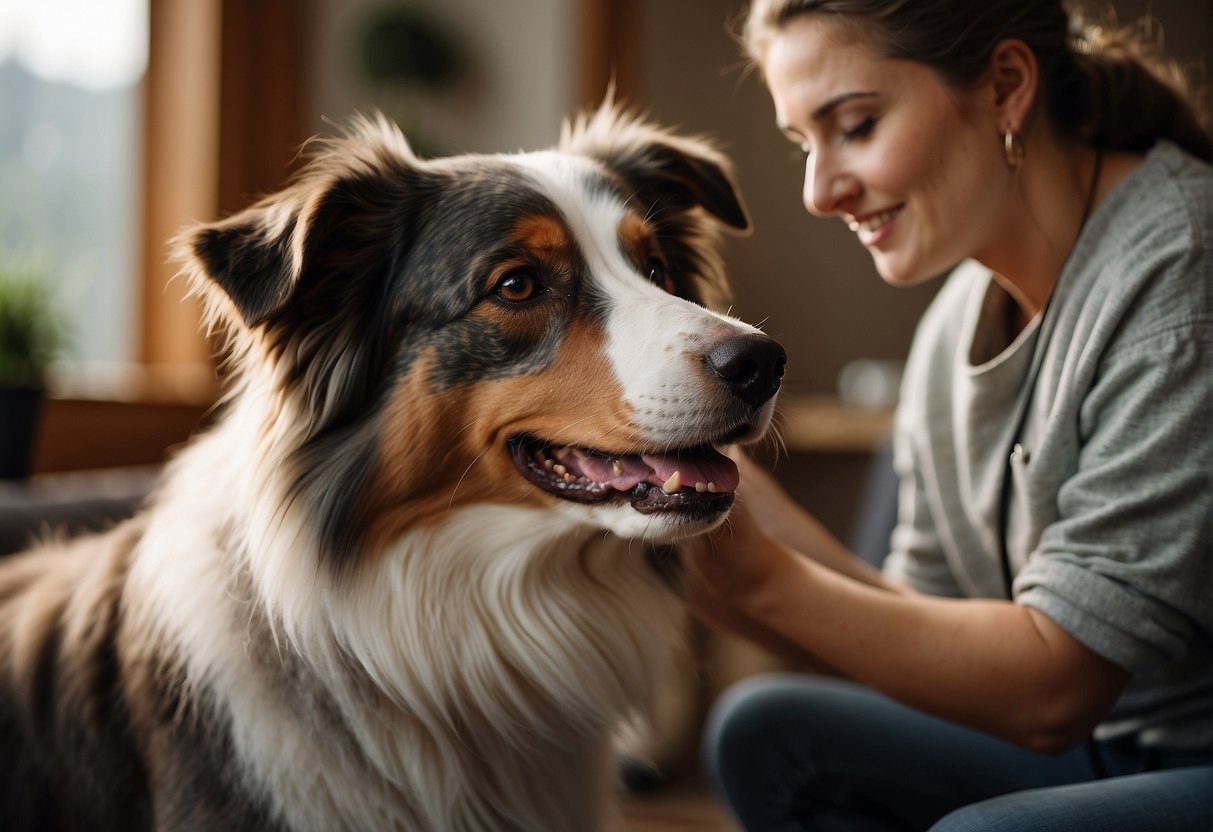 A Australian shepherd dog being brushed and groomed by a caregiver in a peaceful and cozy setting