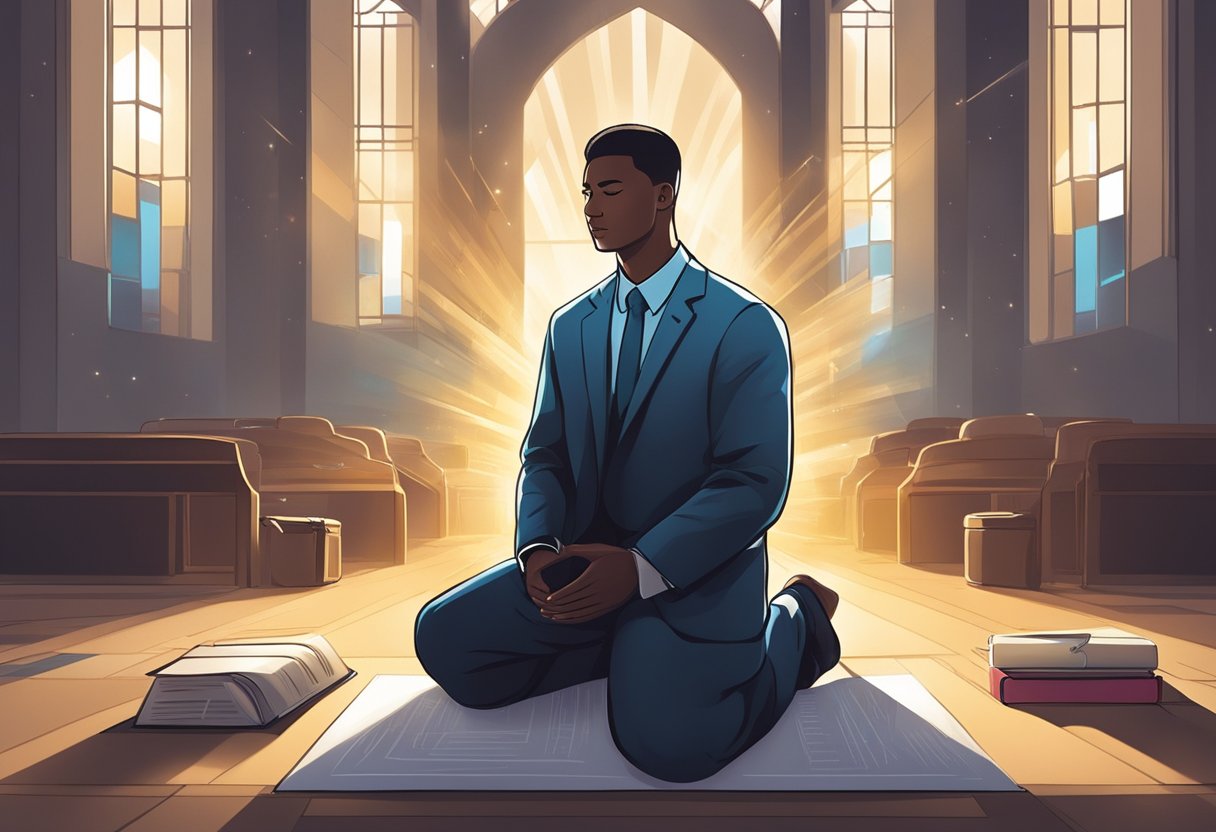 A person kneeling in prayer, surrounded by symbols of career success (e.g. briefcase, diploma, promotion letter). Rays of light shining down on them, indicating breakthrough