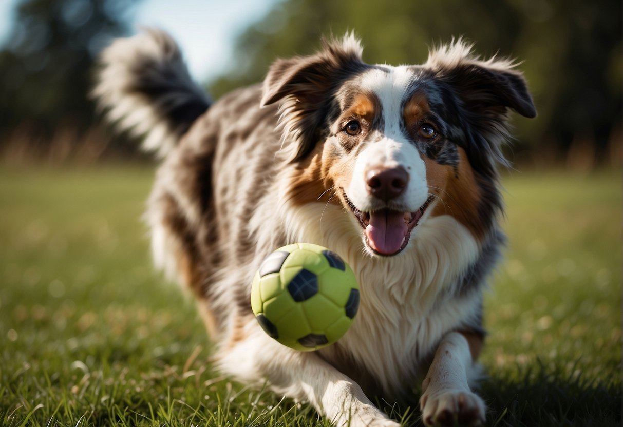 A happy Australian shepherd playing with a ball in a grassy field, with its tongue hanging out and tail wagging