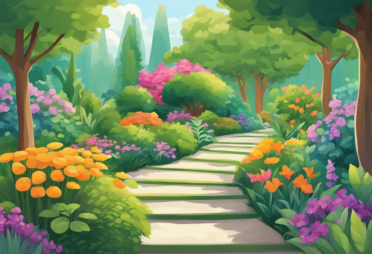 A lush garden with vibrant, thriving plants symbolizing career growth and success. A clear path leads to a bright, open space, representing breakthrough in career advancement