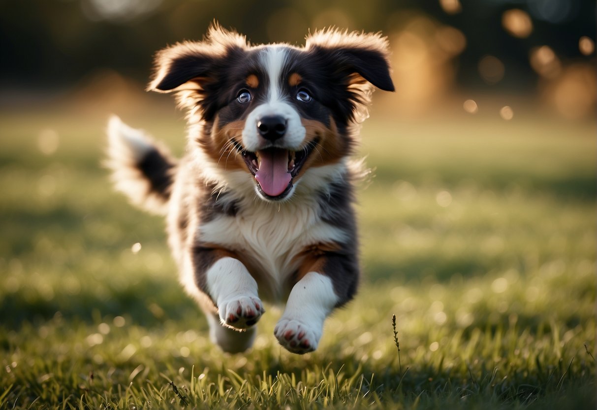 A playful Australian Shepherd puppy running through a grassy field, chasing after a colorful ball with its tail wagging excitedly