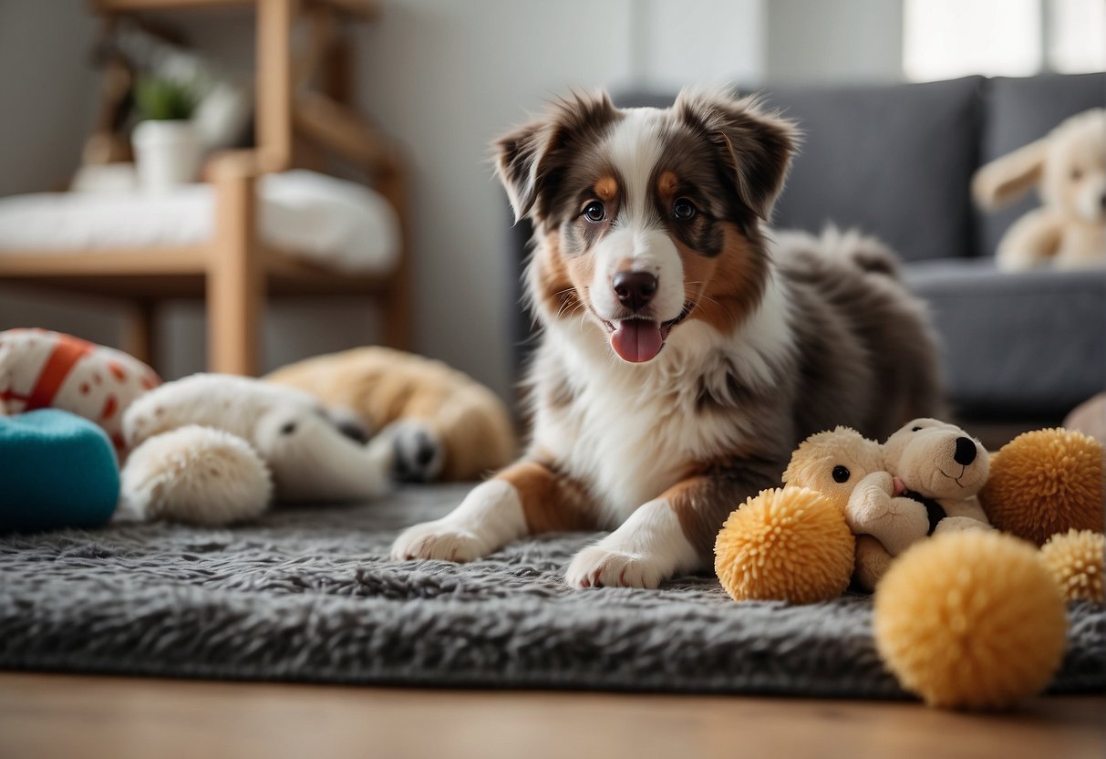 A happy Australian shepherd puppy being welcomed into a new home, with toys and a cozy bed prepared for its arrival