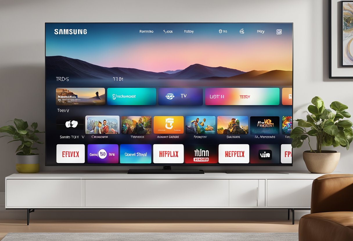 A Samsung TV displaying Apple TV content without using an app. A remote control is nearby