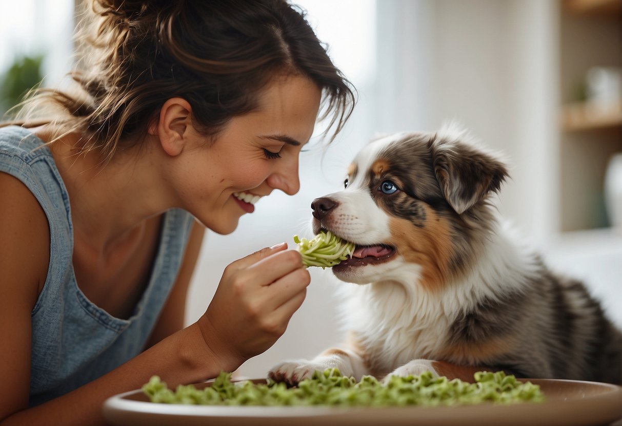 An Australian shepherd puppy being fed and groomed by a caregiver