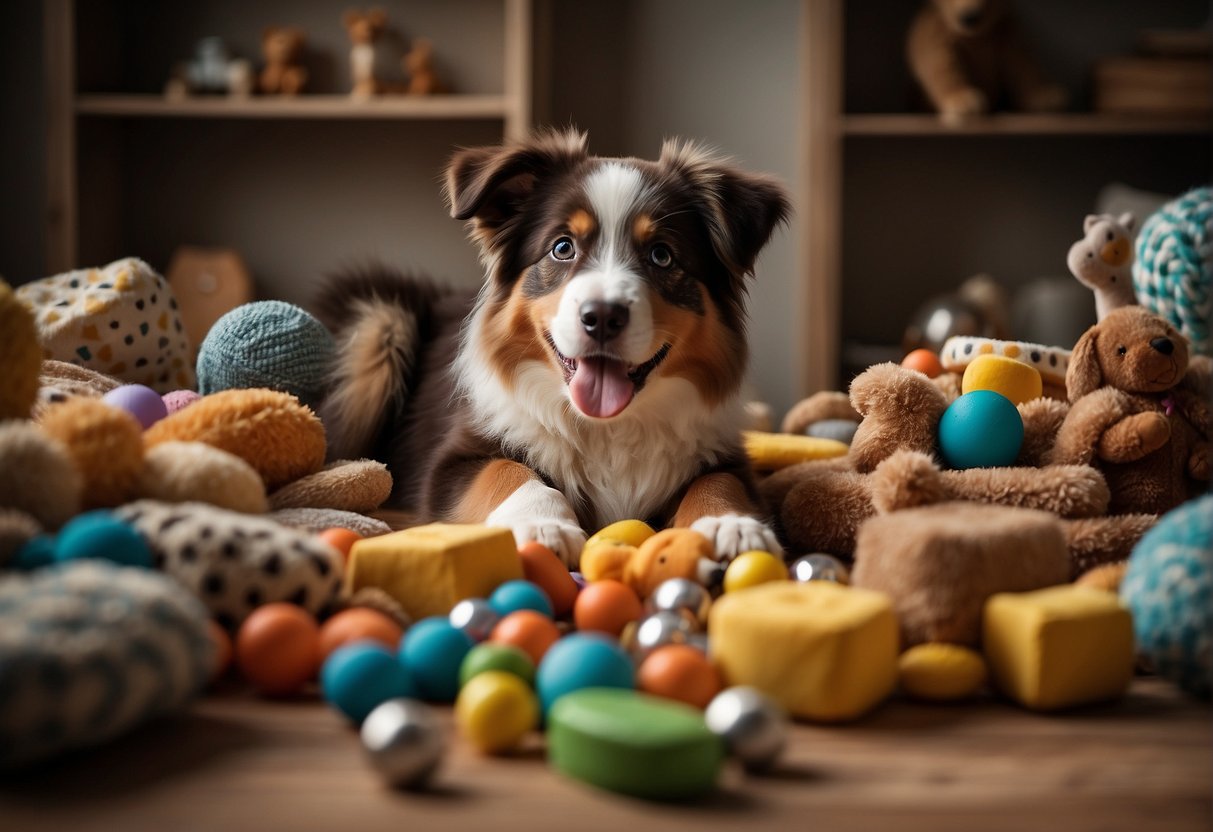 A playful Australian Shepherd puppy surrounded by toys and treats, with a loving owner nearby offering guidance and care