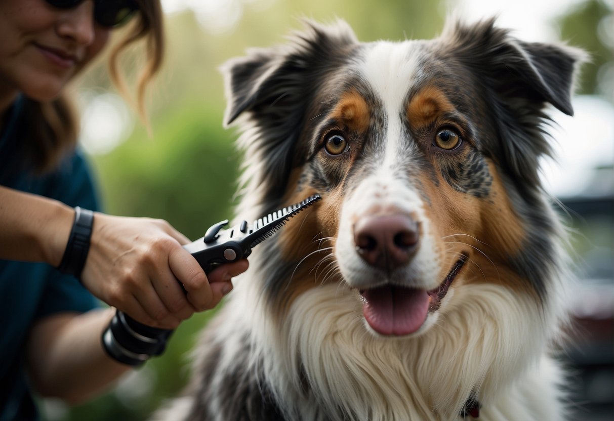 A Australian shepherd being groomed with clippers in a calm and controlled manner