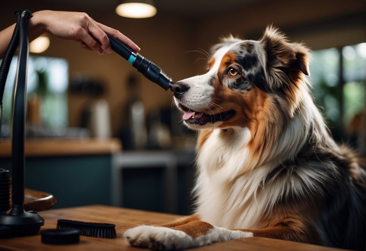 A Australian shepherd being groomed, with clippers and brush nearby