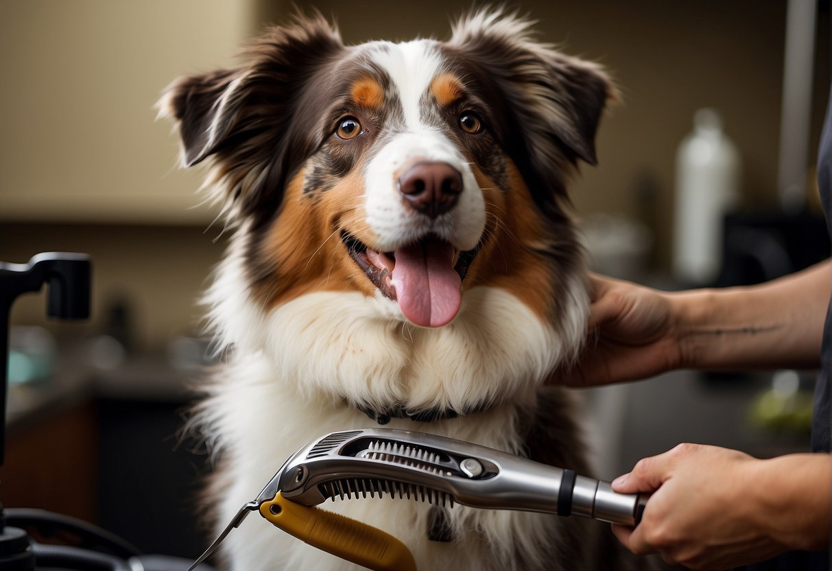 An Australian shepherd being groomed, with a pair of clippers trimming its fur