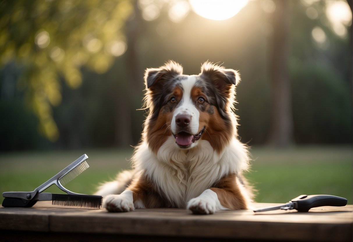 An Australian shepherd being groomed with a comb and scissors in a tranquil setting