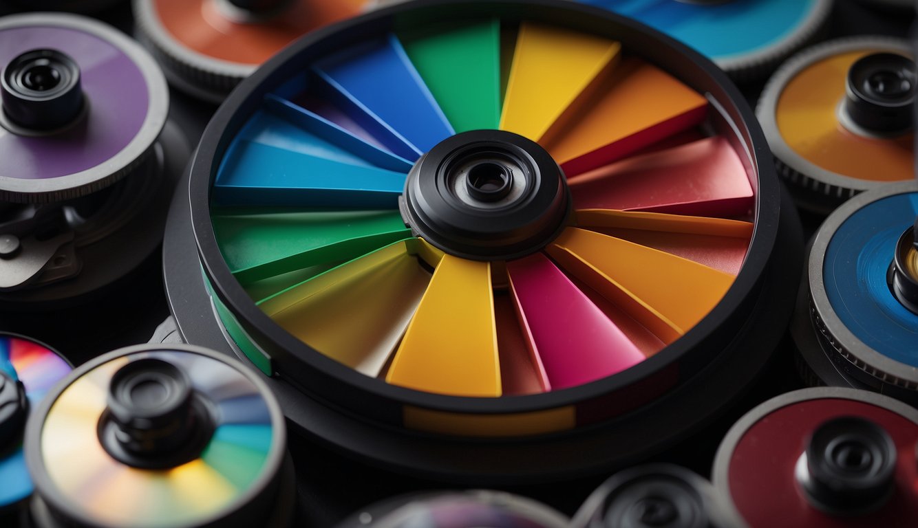 A color wheel surrounded by film reels, with primary and secondary colors highlighted, and a video camera capturing the vibrant hues