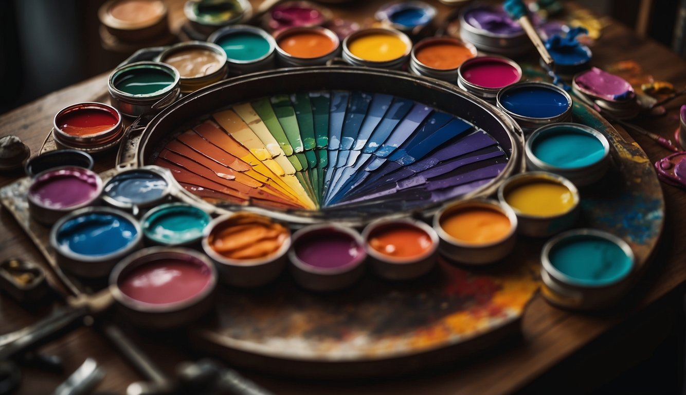A vibrant color wheel sits atop a table, surrounded by paintbrushes and tubes of paint. The colors evoke a sense of energy and emotion, reflecting the psychology of color theory in film