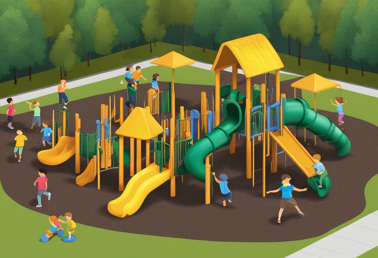 A playground covered in rubber mulch, with children playing safely and happily