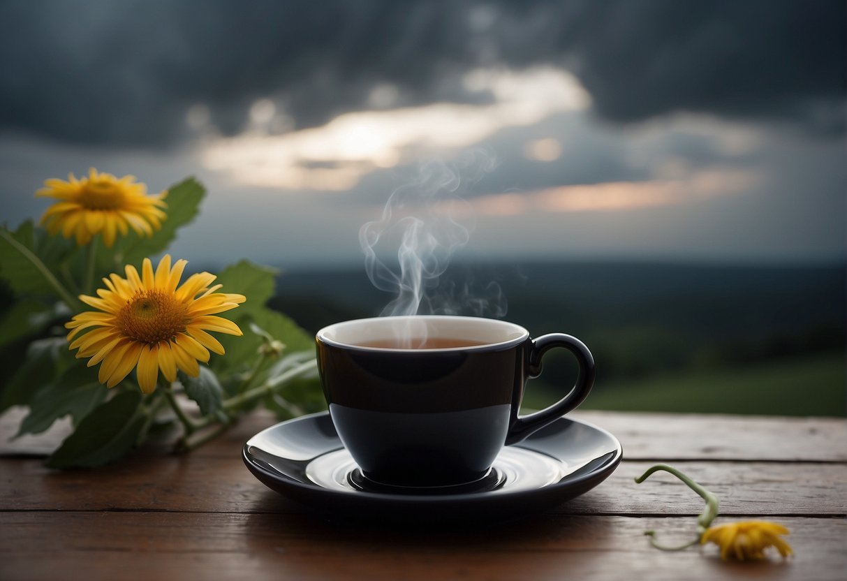 A dark storm cloud hovers over a wilted flower, symbolizing the relationship between inflammation and depression. A cup of tea sits nearby, offering comfort and relief from the somber mood