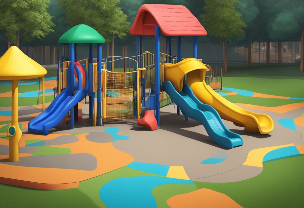 A playground with vibrant rubber mulch, showing safety and softness, but also potential for heat retention and displacement