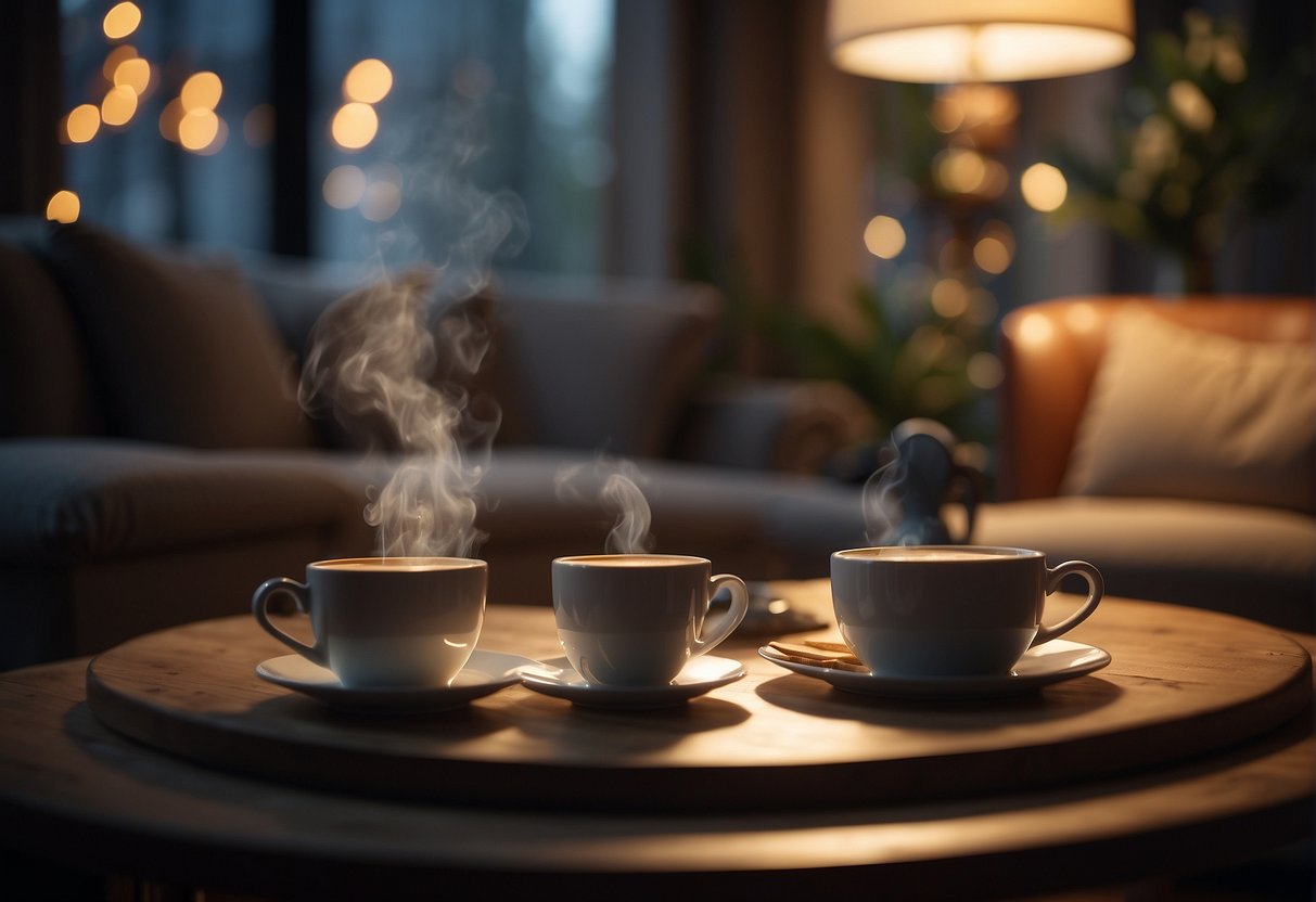 A cozy scene with a steaming cup of tea surrounded by calming elements like soft lighting, a comfortable chair, and a peaceful atmosphere