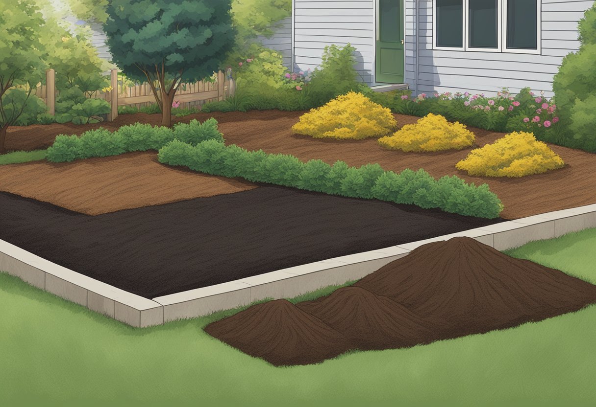 A comparison of mulch types: rubber mulch, wood mulch, and stone mulch laid out in a garden bed