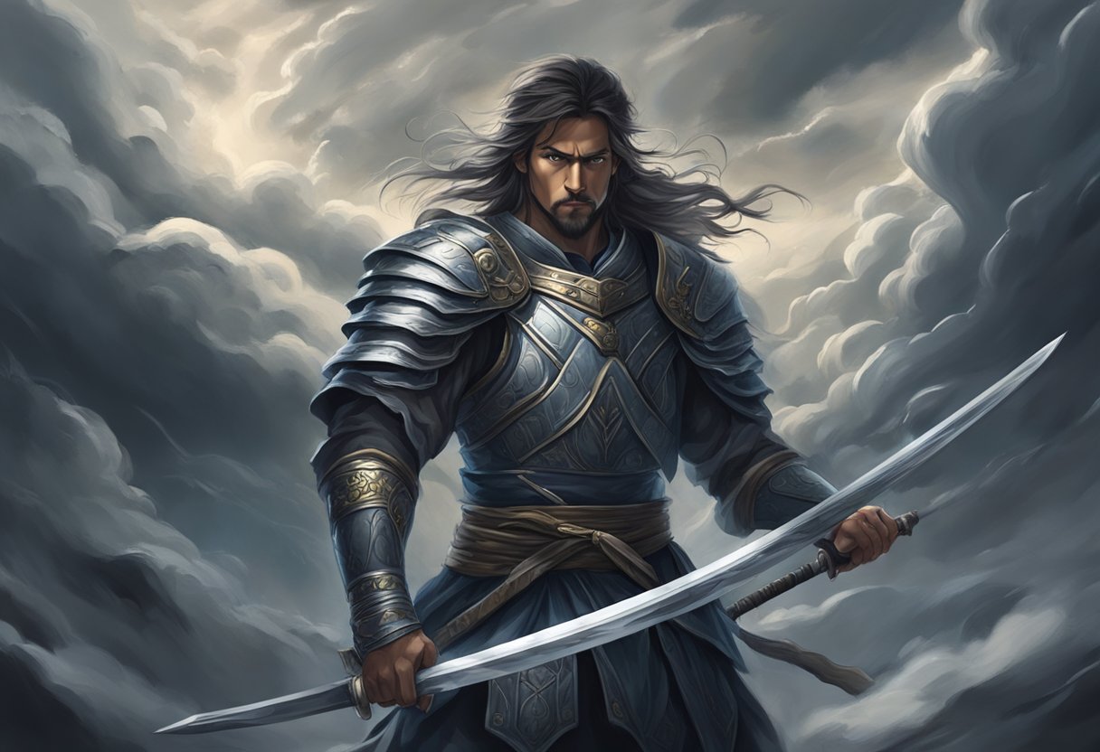 A warrior stands in a defensive stance, surrounded by swirling dark clouds. They raise a sword, eyes focused, ready to strike against spiritual attacks
