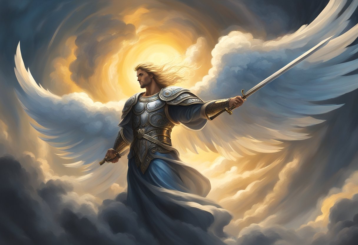A powerful angelic figure stands with a sword raised, surrounded by swirling dark clouds. Light streams from the figure, pushing back the darkness