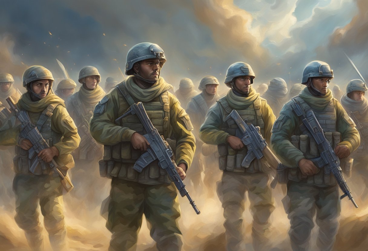 Soldiers preparing for battle, standing in formation, weapons raised, surrounded by swirling spiritual energy