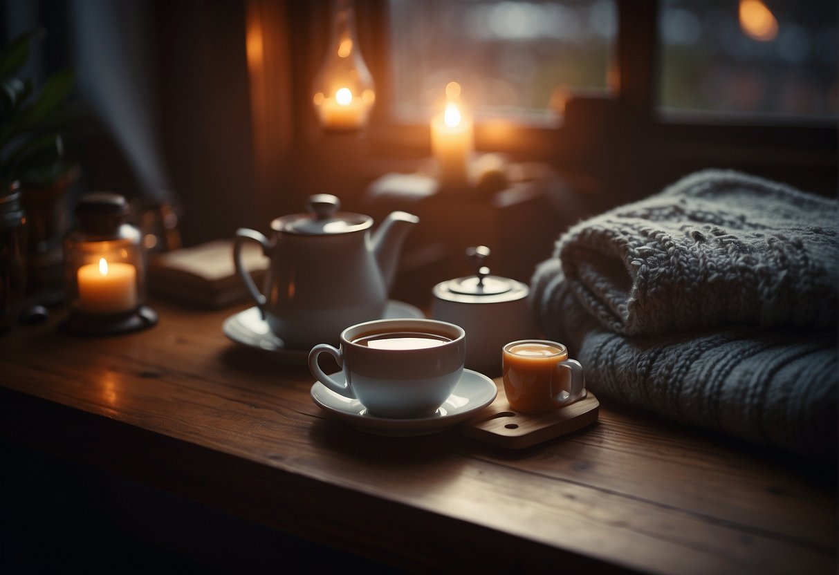 A cozy, dimly lit room with a steaming cup of tea on a table, surrounded by comforting items like blankets and a journal