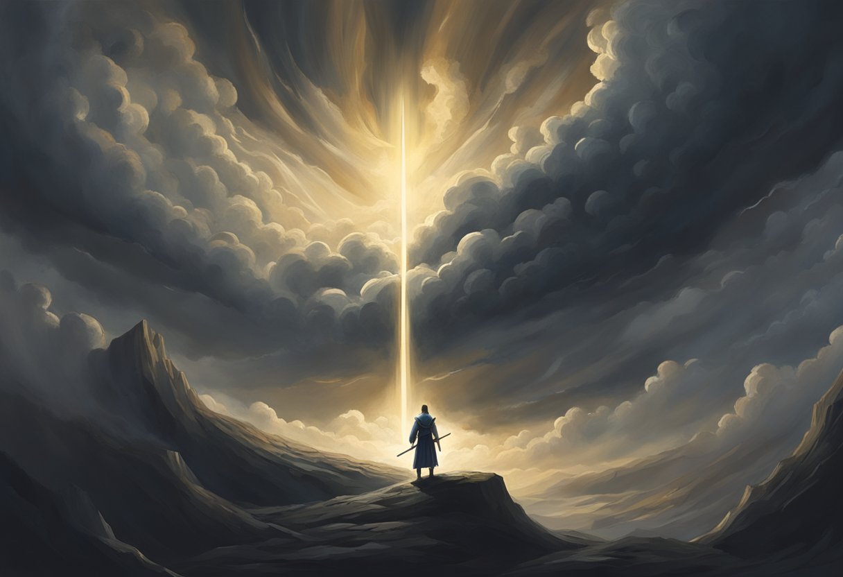 A lone figure stands defiantly, surrounded by swirling dark clouds. Rays of light pierce through, as the figure raises a sword in one hand and clasps a book in the other, ready to engage in spiritual warfare