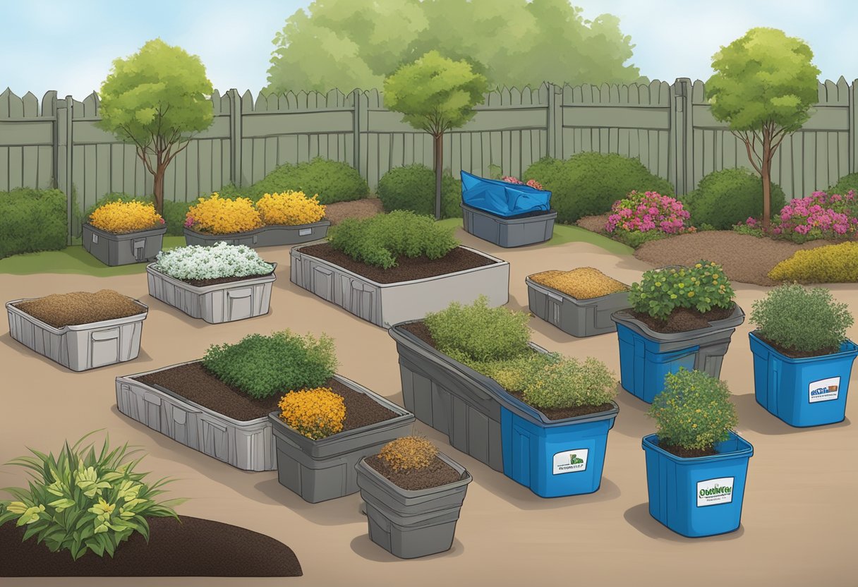 A variety of mulch types displayed in a garden setting, with bags and containers labeled for different applications