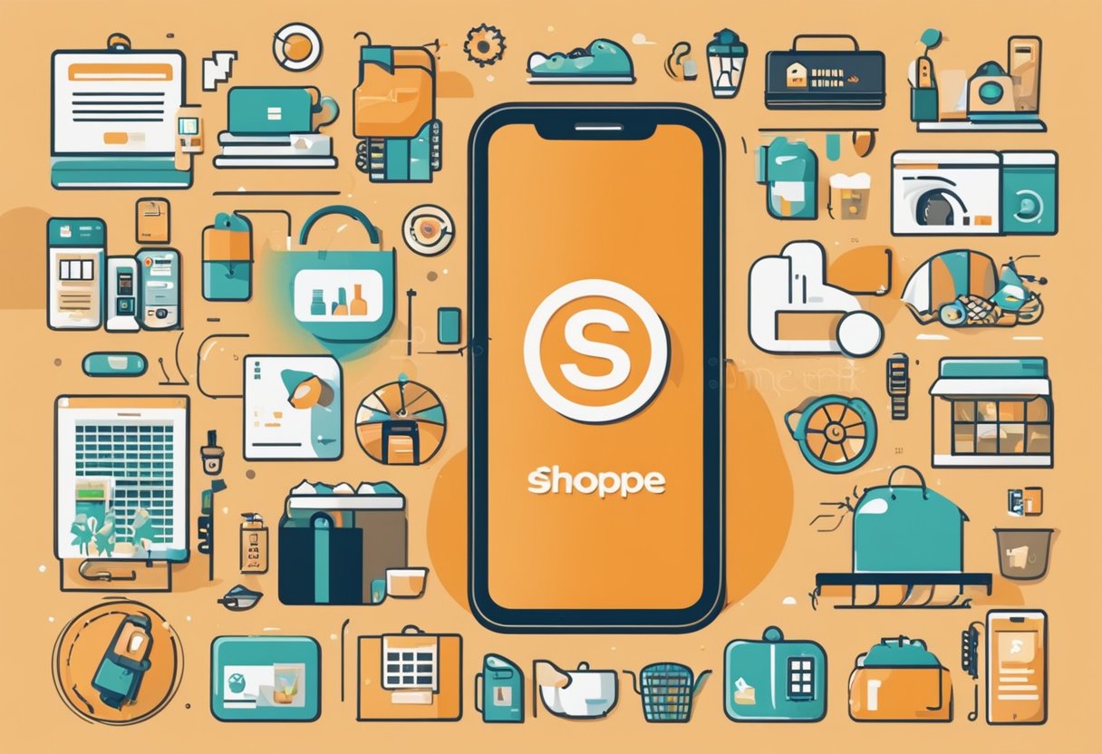 A hand holding a smartphone with the Shopee Pinjaman app open, surrounded by various items such as groceries, clothing, and electronics, indicating the use of the loan for shopping