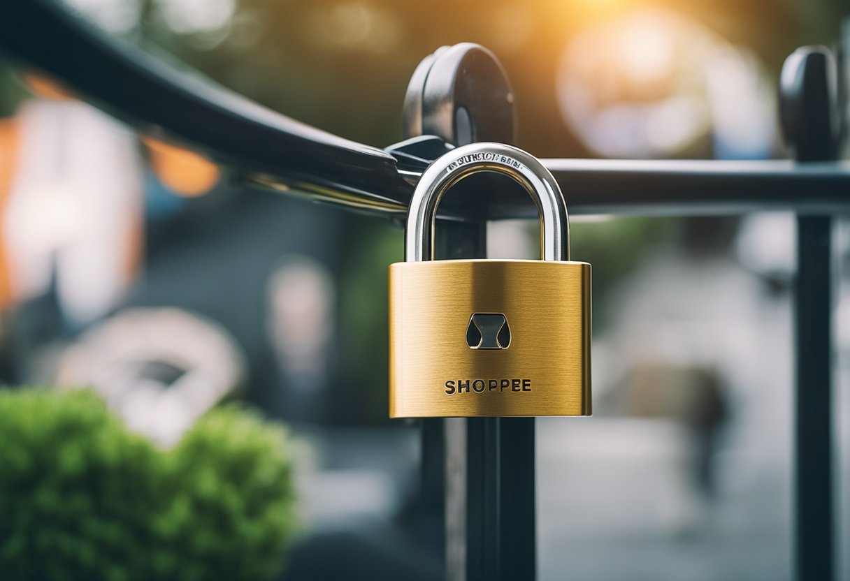 A padlock symbolizing security is surrounded by a shield with the words "Shopee Pinjaman" on it