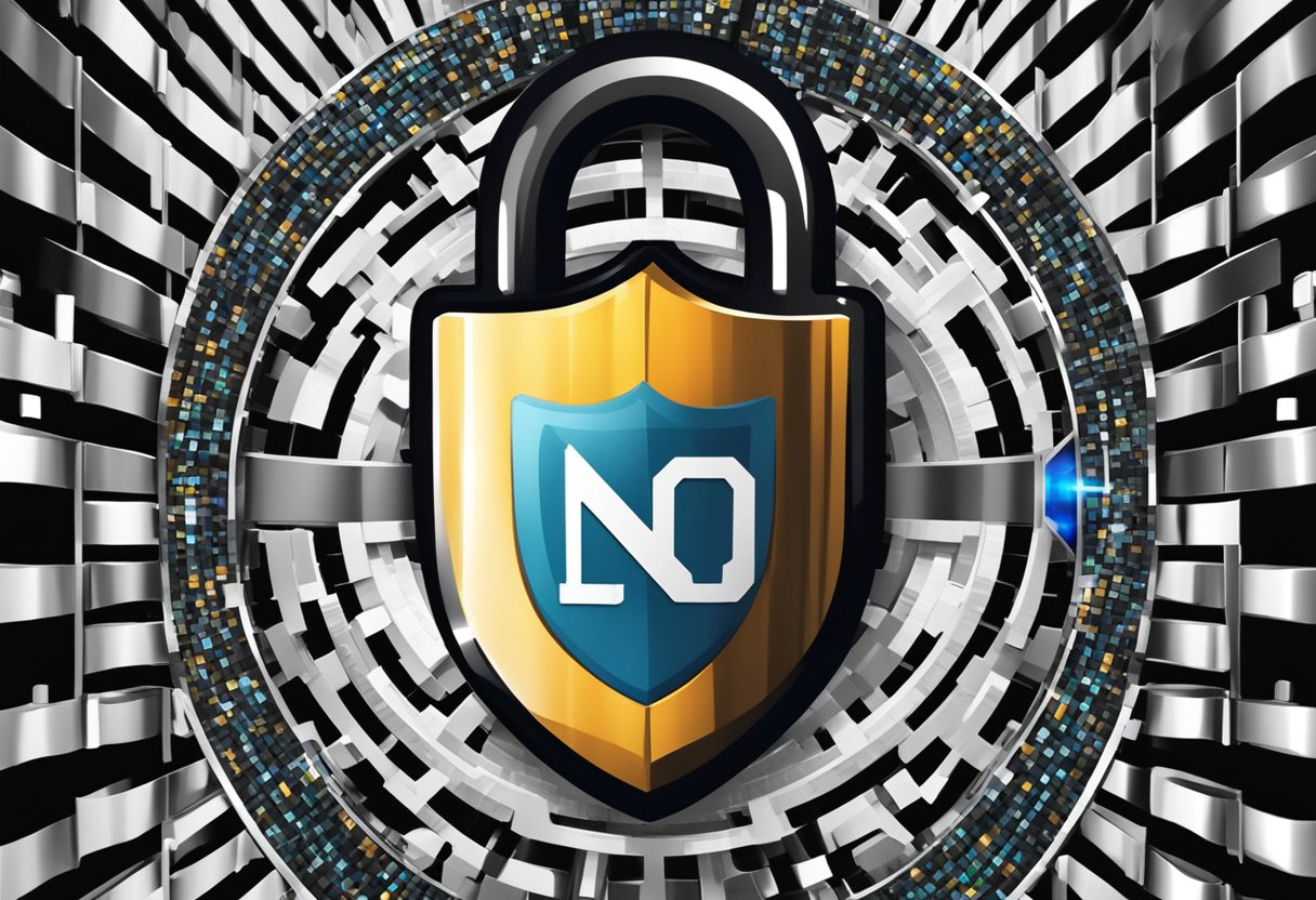 A padlock with a shield symbol, surrounded by binary code and a "no-code security" banner