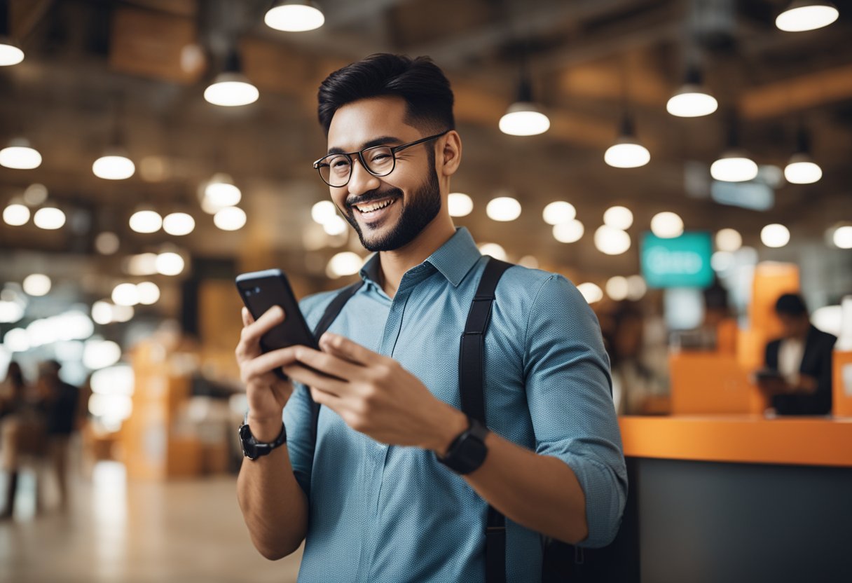 A person holding a smartphone, with the Shopee app open, smiling while reading a positive loan testimonial