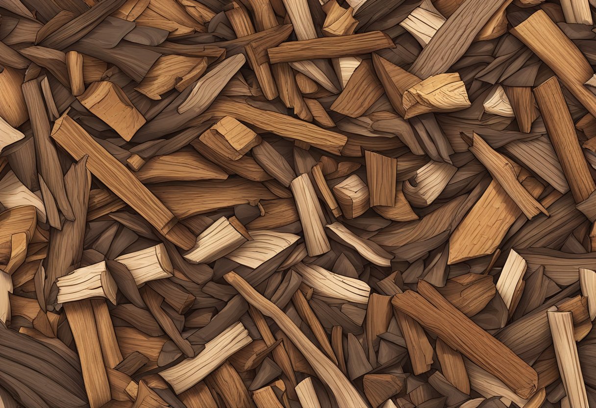 A pile of wood mulch varying in color and texture, consisting of shredded bark, chips, and sawdust. Some pieces are coarse and dark, while others are fine and light