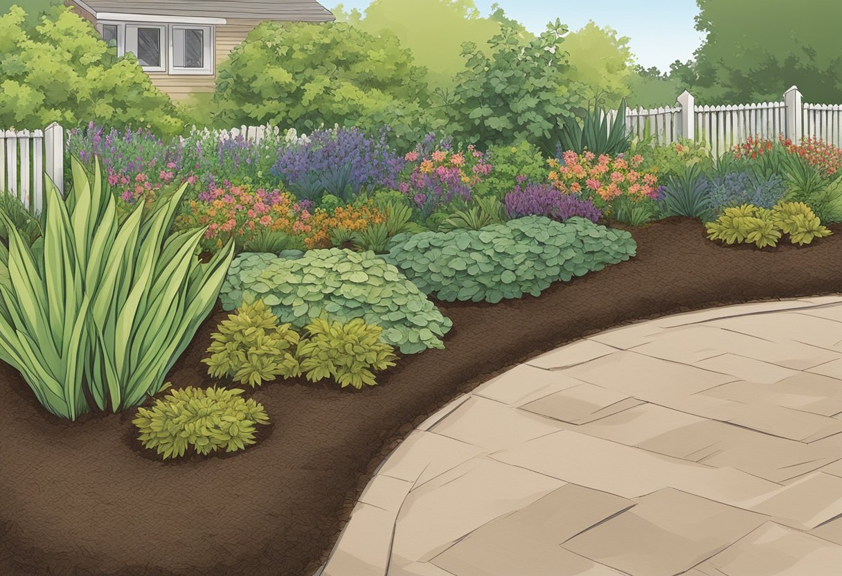 Wood mulch lies in a garden bed, showing its natural texture, color, and size. Surrounding plants thrive, indicating the benefits of using wood mulch for moisture retention and weed suppression