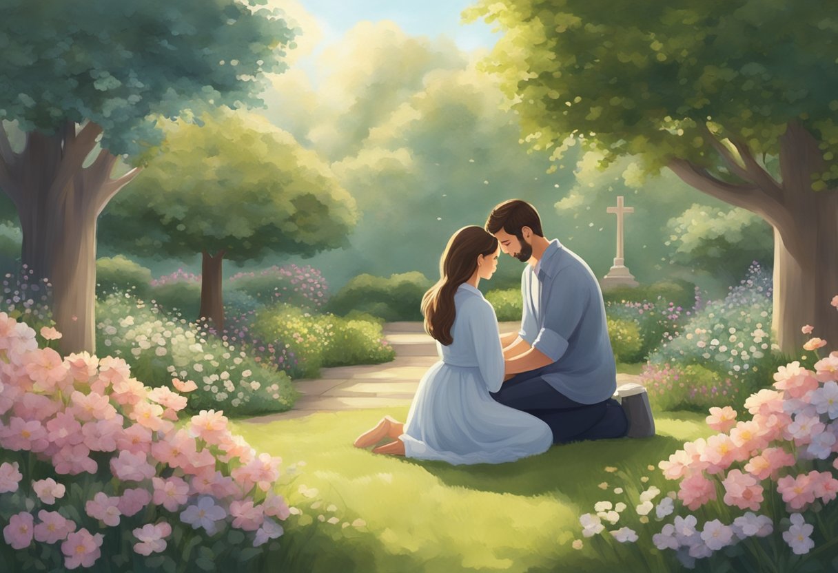 A couple kneels in a peaceful garden, surrounded by blooming flowers and a serene atmosphere, as they fervently pray together for fertility and abundance in their relationship