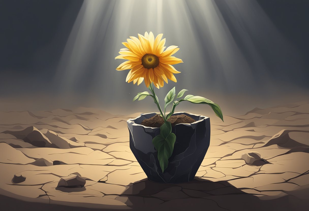 A wilted flower in a cracked vase, surrounded by dry, lifeless soil. A single ray of sunlight struggles to penetrate the darkness, symbolizing hope amidst despair