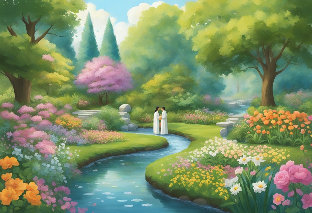 A serene garden with blooming flowers and a clear, flowing stream, surrounded by symbols of fertility and abundance. A couple stands together, praying earnestly for a child