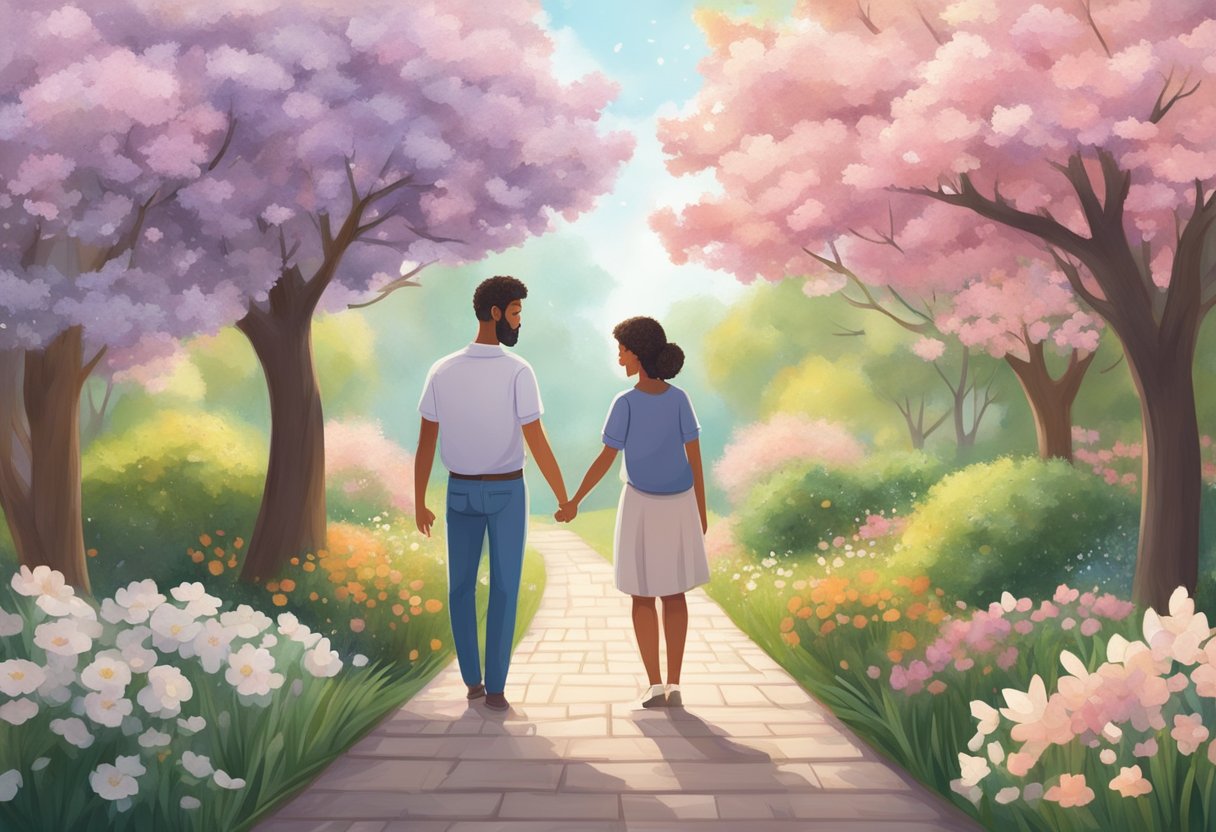 A serene garden with a blooming tree and a couple holding hands, surrounded by positive affirmations and prayers for overcoming barrenness in relationships