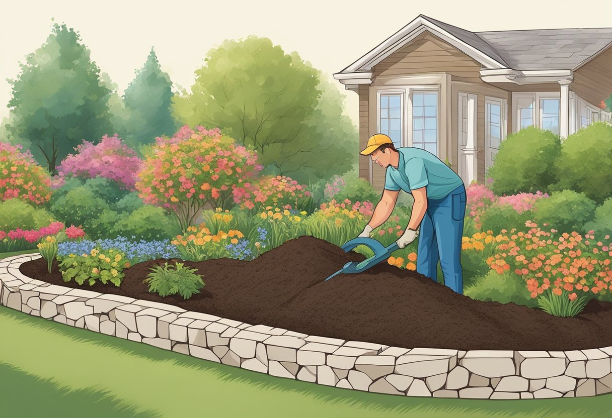 A gardener spreads mulch along a garden bed, using various materials like stones, bricks, or plastic edging to create a neat and defined border