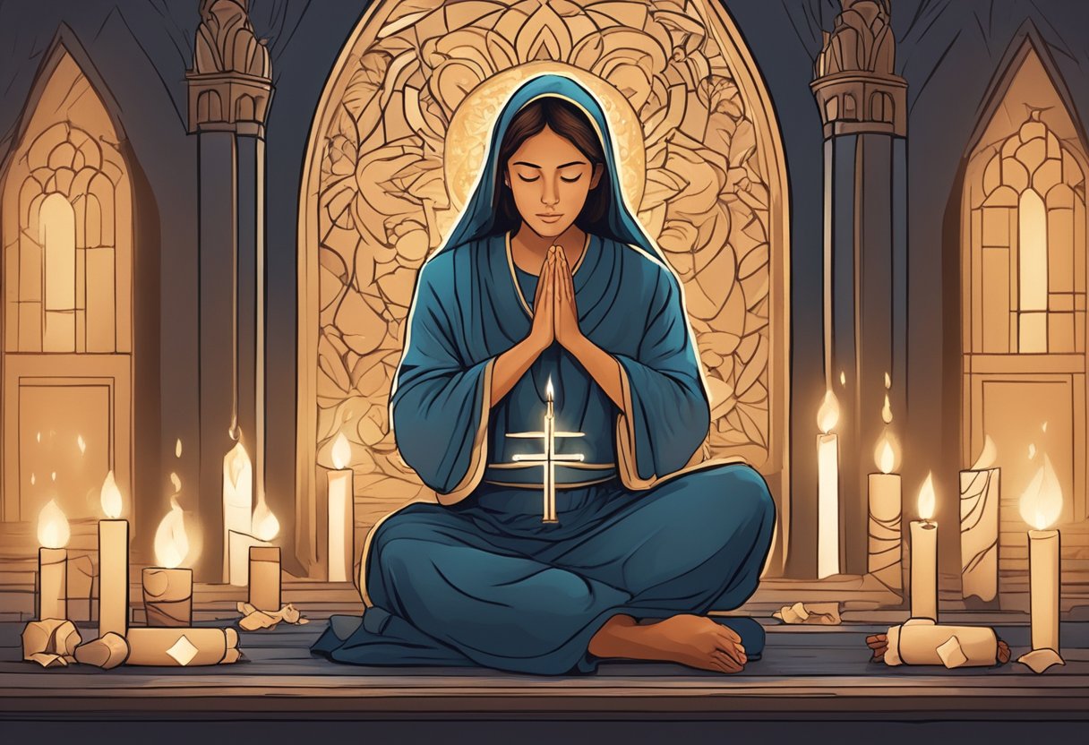 A person kneeling in prayer, surrounded by candles and religious symbols, seeking guidance and strength to overcome relationship struggles and barrenness