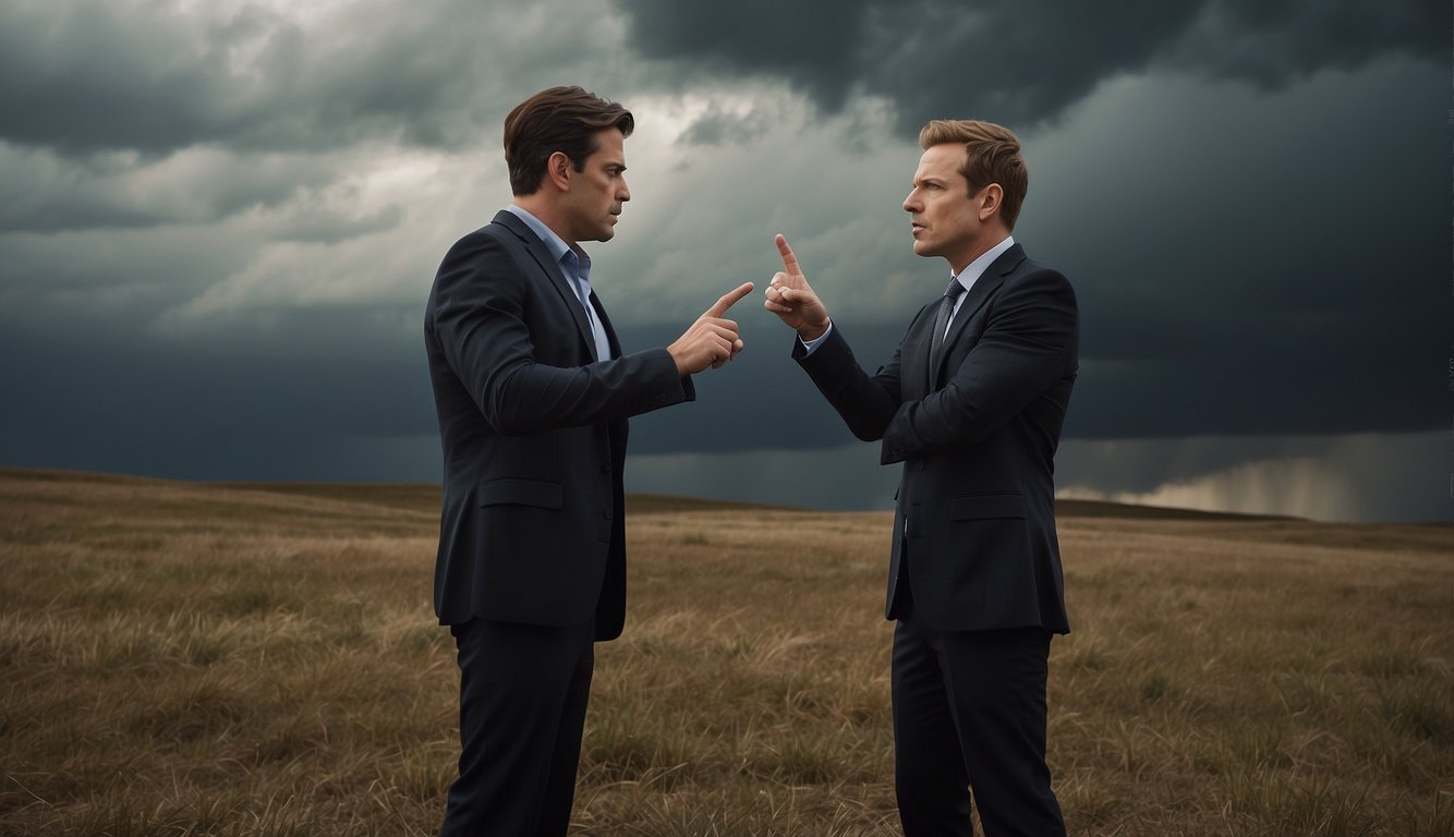 Two people arguing, one pointing fingers, the other looking introspective. The surroundings are tense, with objects scattered and a stormy sky outside