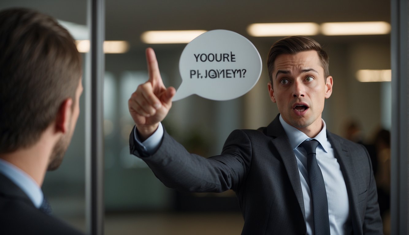 A person pointing at a mirror, with a speech bubble saying "You are the problem." Another person looking shocked or defensive
