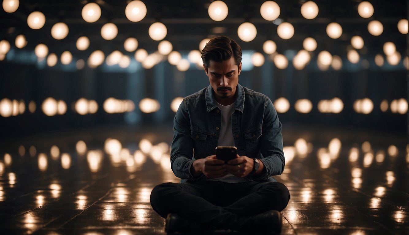 A person sits alone, surrounded by mirrors reflecting their actions and behavior, with a spotlight shining on them, highlighting their self-awareness