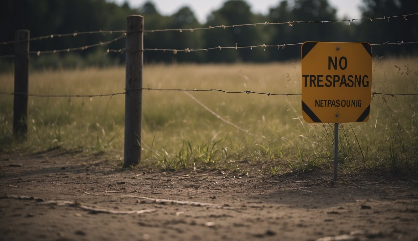 A fence with a "No Trespassing" sign, a person standing outside looking remorseful, and a broken object on the ground