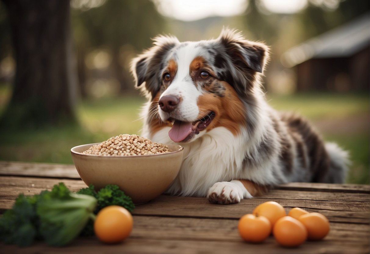 An Australian Shepherd eating a balanced diet of meat, vegetables, and grains in a rustic feeding area