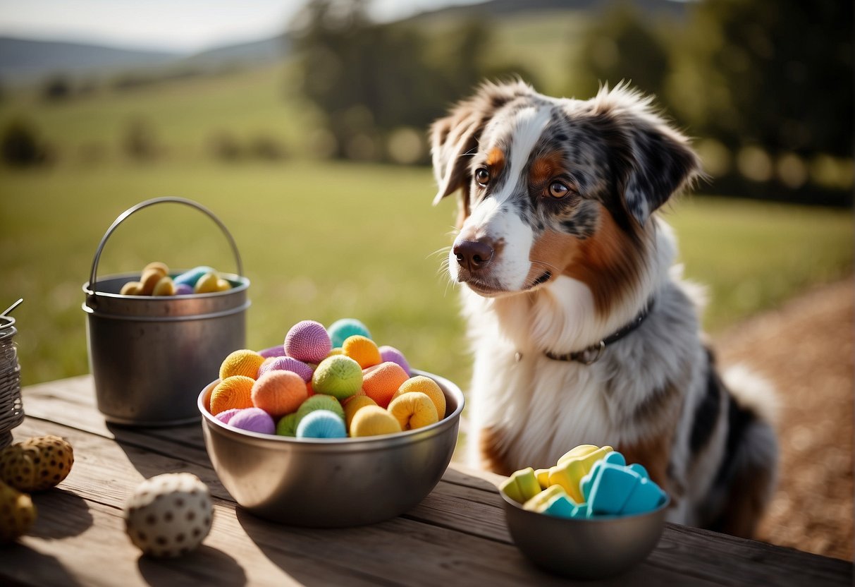 An Australian shepherd eating from a metal bowl, surrounded by a variety of dog toys and a water dish. In the background, a spacious and open outdoor area with hills and fields