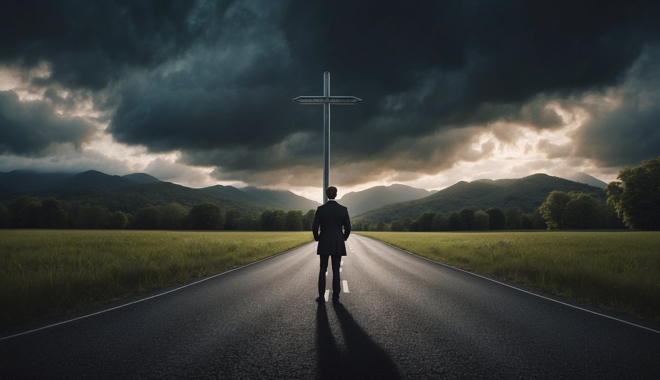 A person standing at a crossroads, with one path leading to progress and the other to relapse. Dark clouds hover over the setback, while a light shines on the path to realization