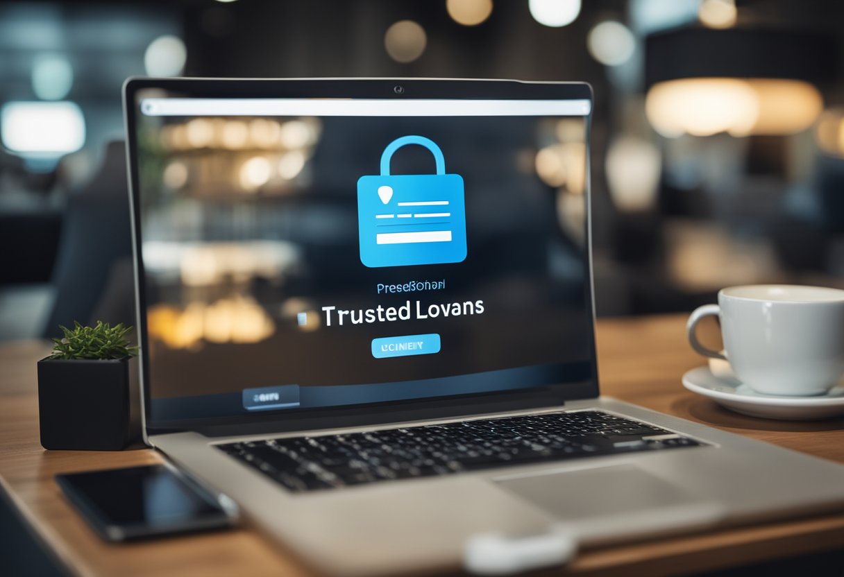 A laptop displaying a trusted online loan website with a secure padlock icon and positive customer reviews